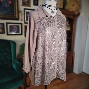 Democracy Taupe Sequin Button Front Sheer Blouse Plus Size Party 2X